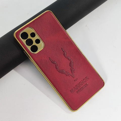 Samsung Galaxy A32 Cover - Red - New Leather Feel Markhor Logo With Golden Edge