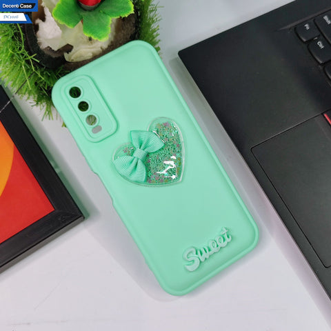 Vivo Y20T Cover - Light Green - 3D Love Heart (Moving Shiny Stars Glitter) & Bow Sweet Candy Color Soft Silicon Case