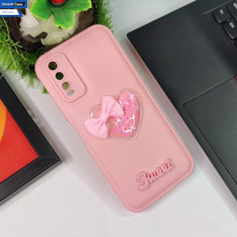 Vivo Y20T Cover - Light Green - 3D Love Heart (Moving Shiny Stars Glitter) & Bow Sweet Candy Color Soft Silicon Case