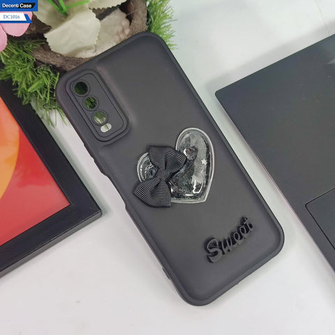 Vivo Y20T Cover - Light Green - 3D Love Heart (Moving Shiny Stars Glitter) & Bow Sweet Candy Color Soft Silicon Case