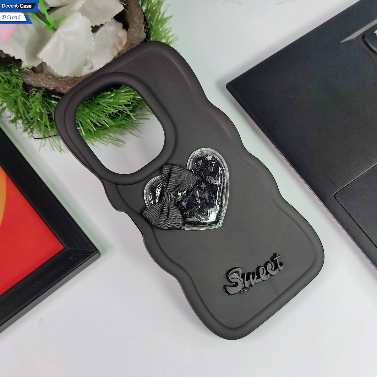 Tecno Camon 20 Cover - Black - 3D Love Heart (Moving Shiny Stars Glitter) & Bow Sweet Candy Color Soft Silicon Case