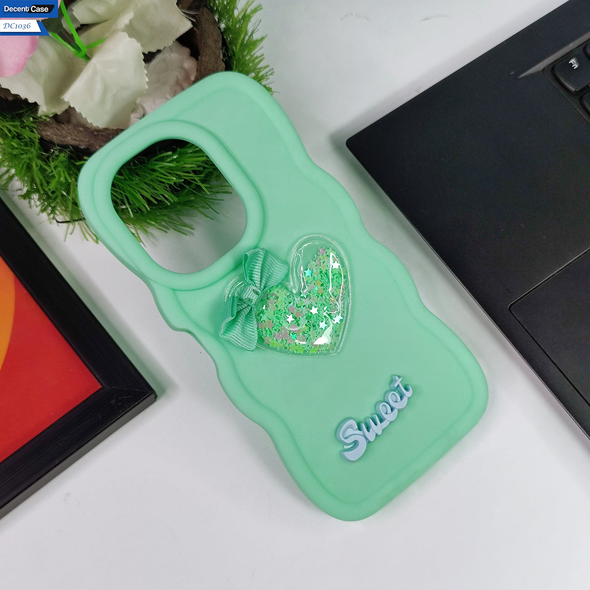 Tecno Camon 20 Cover - Light Green - 3D Love Heart (Moving Shiny Stars Glitter) & Bow Sweet Candy Color Soft Silicon Case