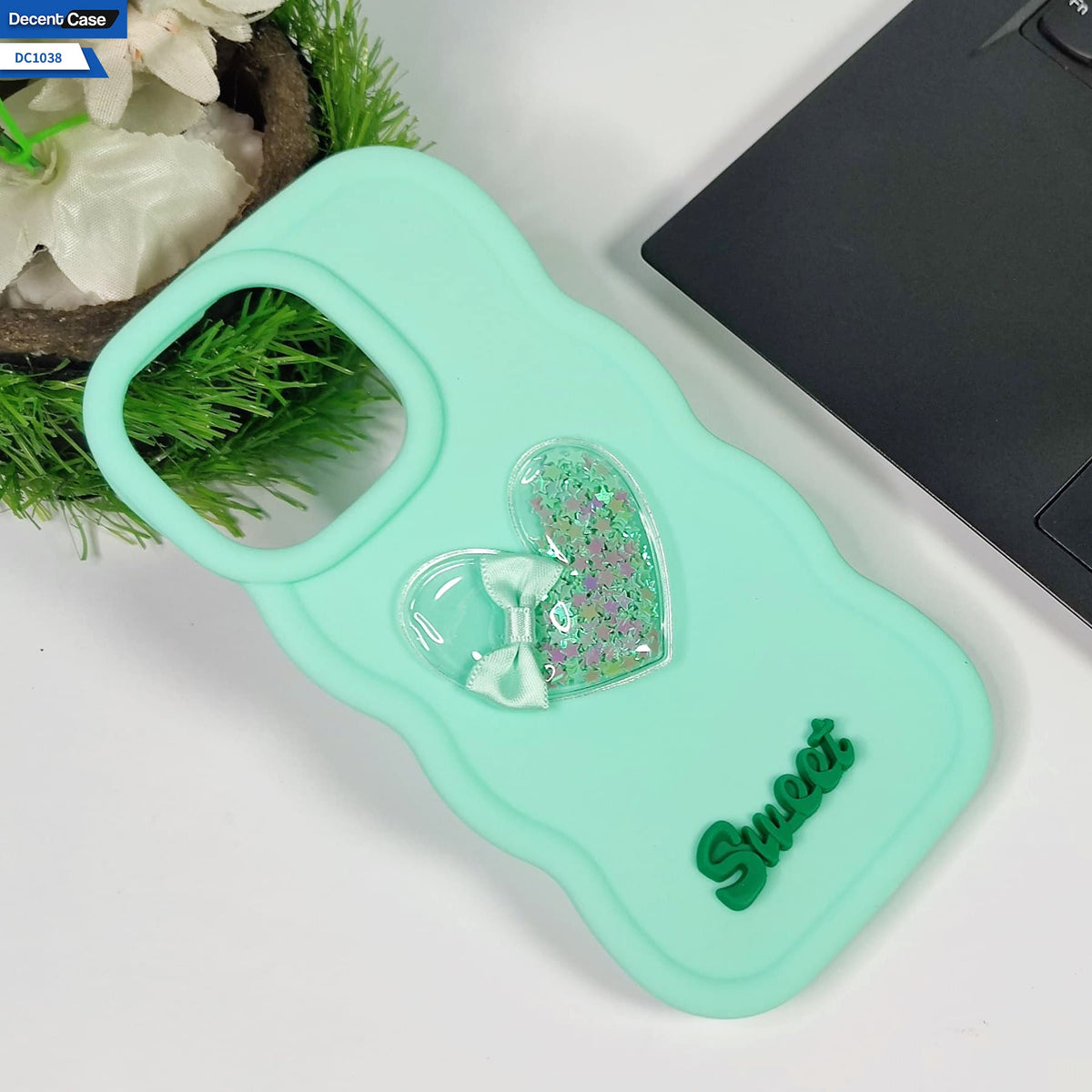 IPhone 13 Pro Cover - Light Green - 3D Love Heart (Moving Shiny Stars Glitter) & Bow Sweet Candy Color Soft Silicon Case