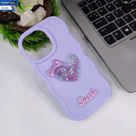 IPhone 14 Pro Max Cover - Purple - 3D Love Heart (Moving Shiny Stars Glitter) & Bow Sweet Candy Color Soft Silicon Case