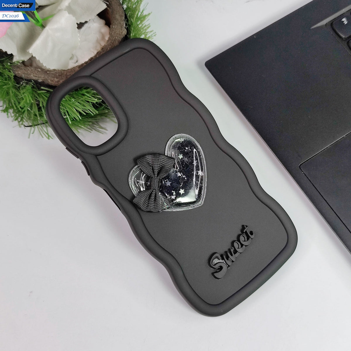 Samsung Galaxy A05 Cover - Black - 3D Love Heart (Moving Shiny Stars Glitter) & Bow Sweet Candy Color Soft Silicon Case