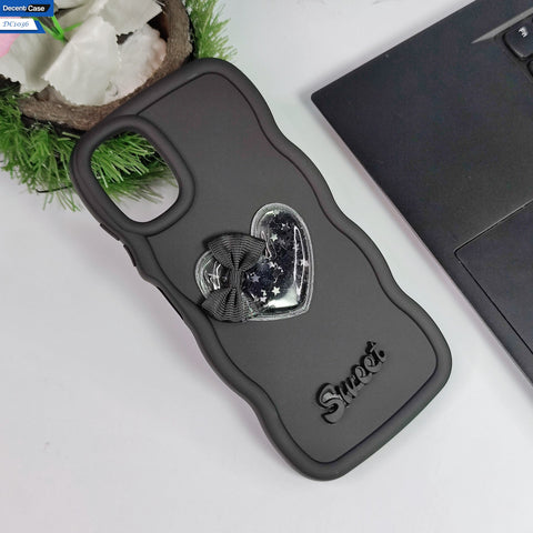 Samsung Galaxy A05 Cover - Black - 3D Love Heart (Moving Shiny Stars Glitter) & Bow Sweet Candy Color Soft Silicon Case
