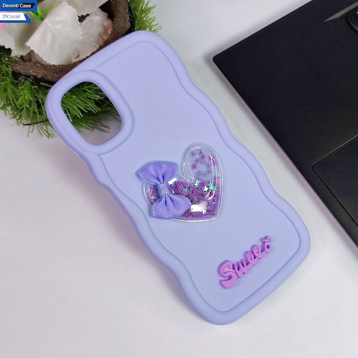 Samsung Galaxy A05 Cover - Purple - 3D Love Heart (Moving Shiny Stars Glitter) & Bow Sweet Candy Color Soft Silicon Case