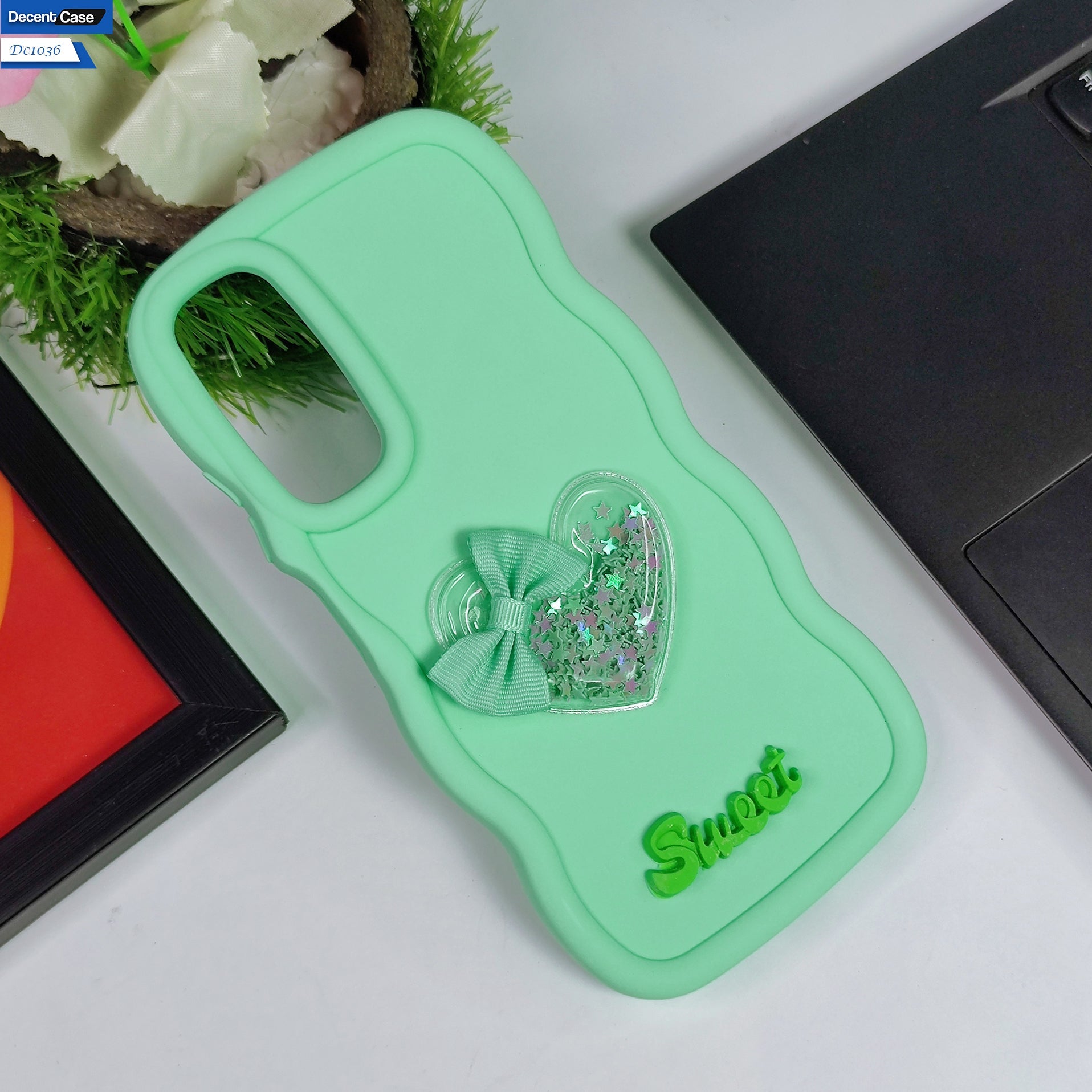 Samsung Galaxy A05s Cover - Black - 3D Love Heart (Moving Shiny Stars Glitter) & Bow Sweet Candy Color Soft Silicon Case