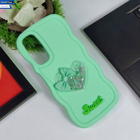 Samsung Galaxy A05s Cover - Light Green - 3D Love Heart (Moving Shiny Stars Glitter) & Bow Sweet Candy Color Soft Silicon Case