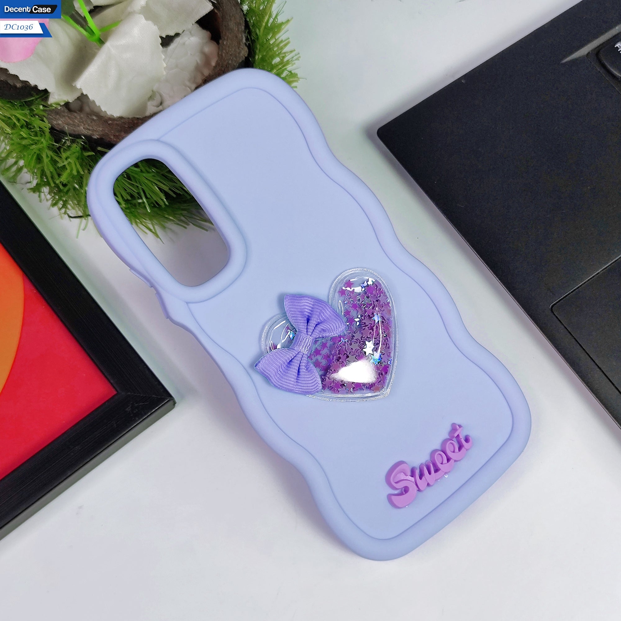 Samsung Galaxy A05s Cover - Black - 3D Love Heart (Moving Shiny Stars Glitter) & Bow Sweet Candy Color Soft Silicon Case