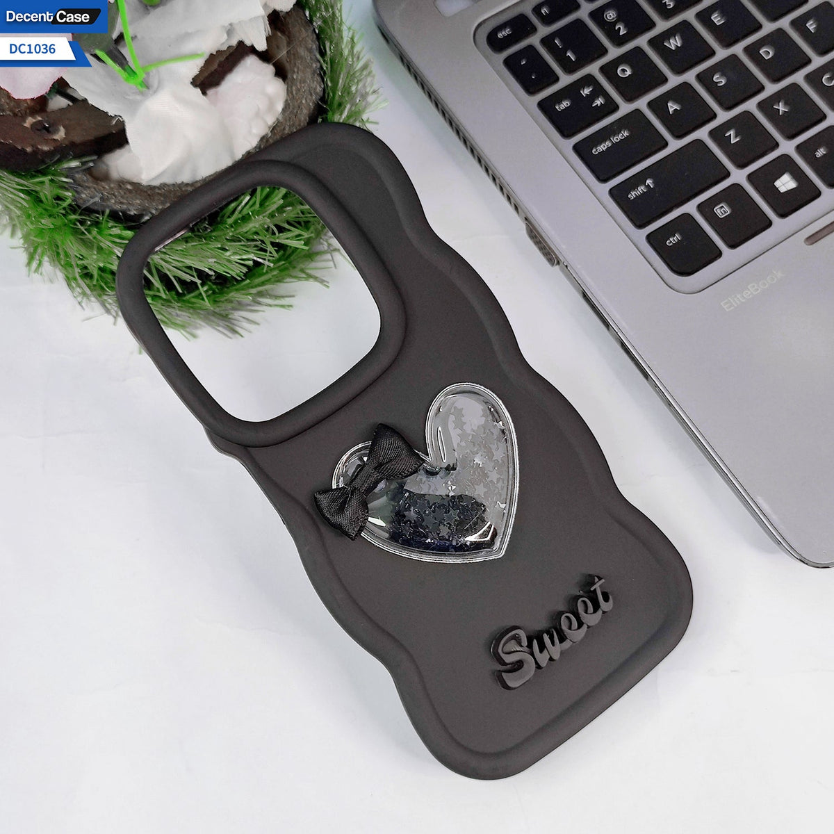 Tecno Spark 20 Cover - Black - 3D Love Heart (Moving Shiny Stars Glitter) & Bow Sweet Candy Color Soft Silicon Case