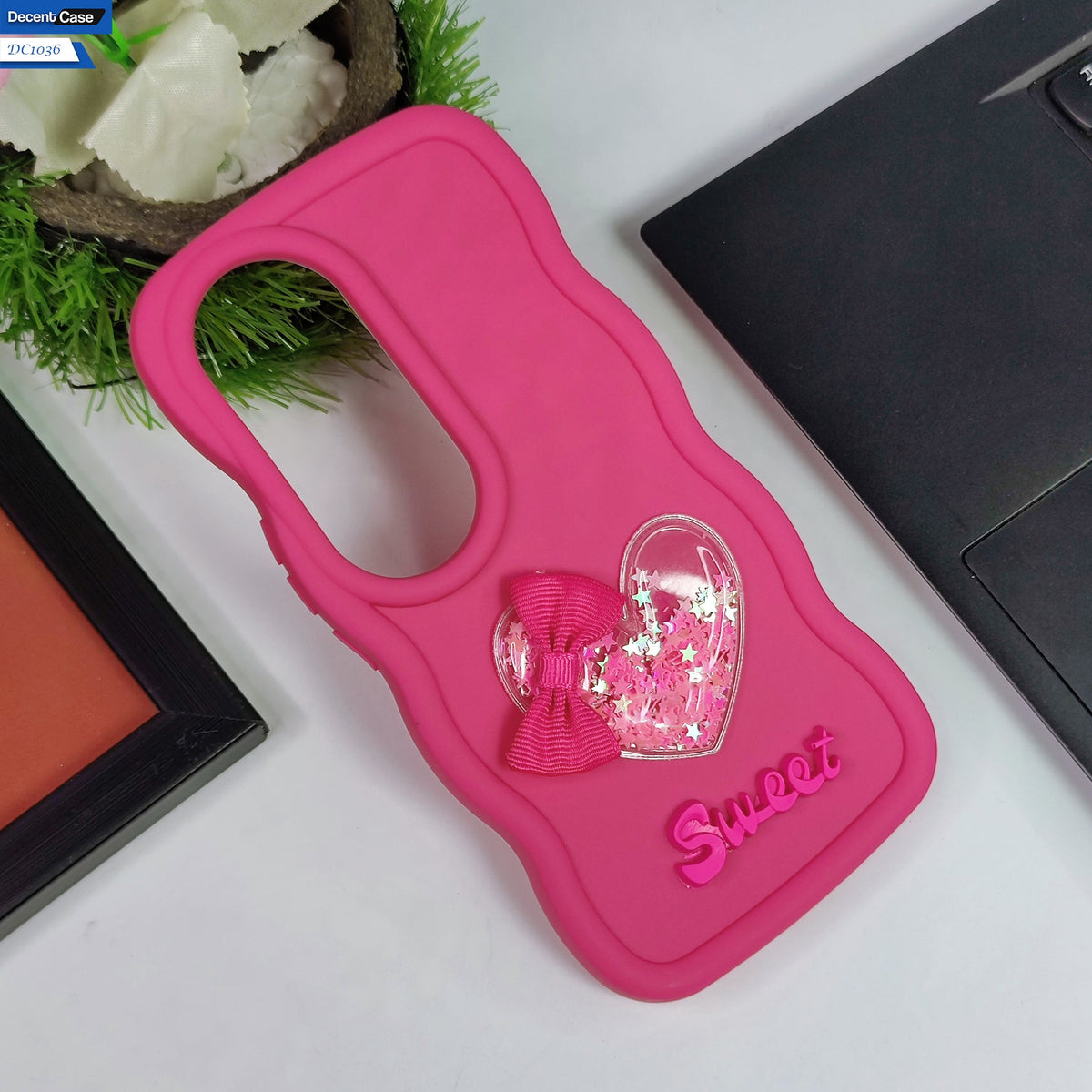 Vivo S19 Cover - Rose Red - 3D Love Heart (Moving Shiny Stars Glitter) & Bow Sweet Candy Color Soft Silicon Case