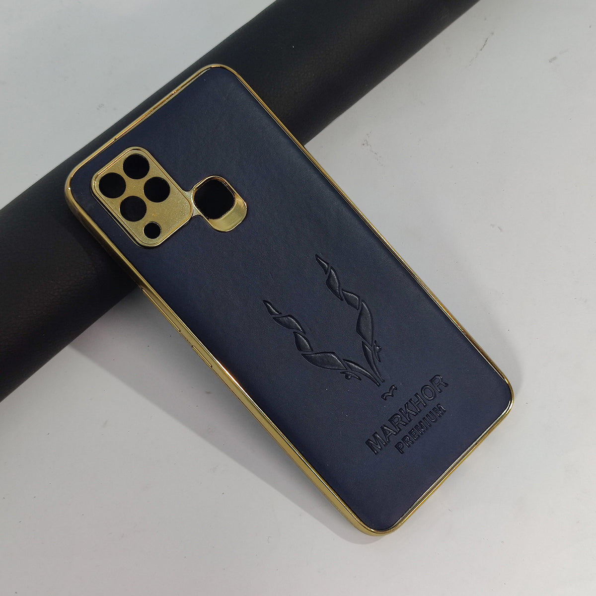Infinix Hot 10s Cover - Blue - New Leather Feel Markhor Logo With Golden Edge