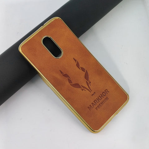 OnePlus 7 Cover - Dark Brown - New Leather Feel Markhor Logo With Golden Edge